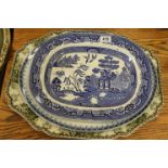 Three vintage Meat plates to include Willow Pattern & a large Johnson Brothers plate "The Friendly