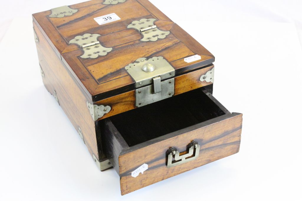 Oriental Wooden Box with Metal Fittings, internal drawer and fold open lid revealing a vanity - Image 3 of 4