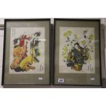 Pair of Oriental Watercolours of Figures in Costume, signed with character marks