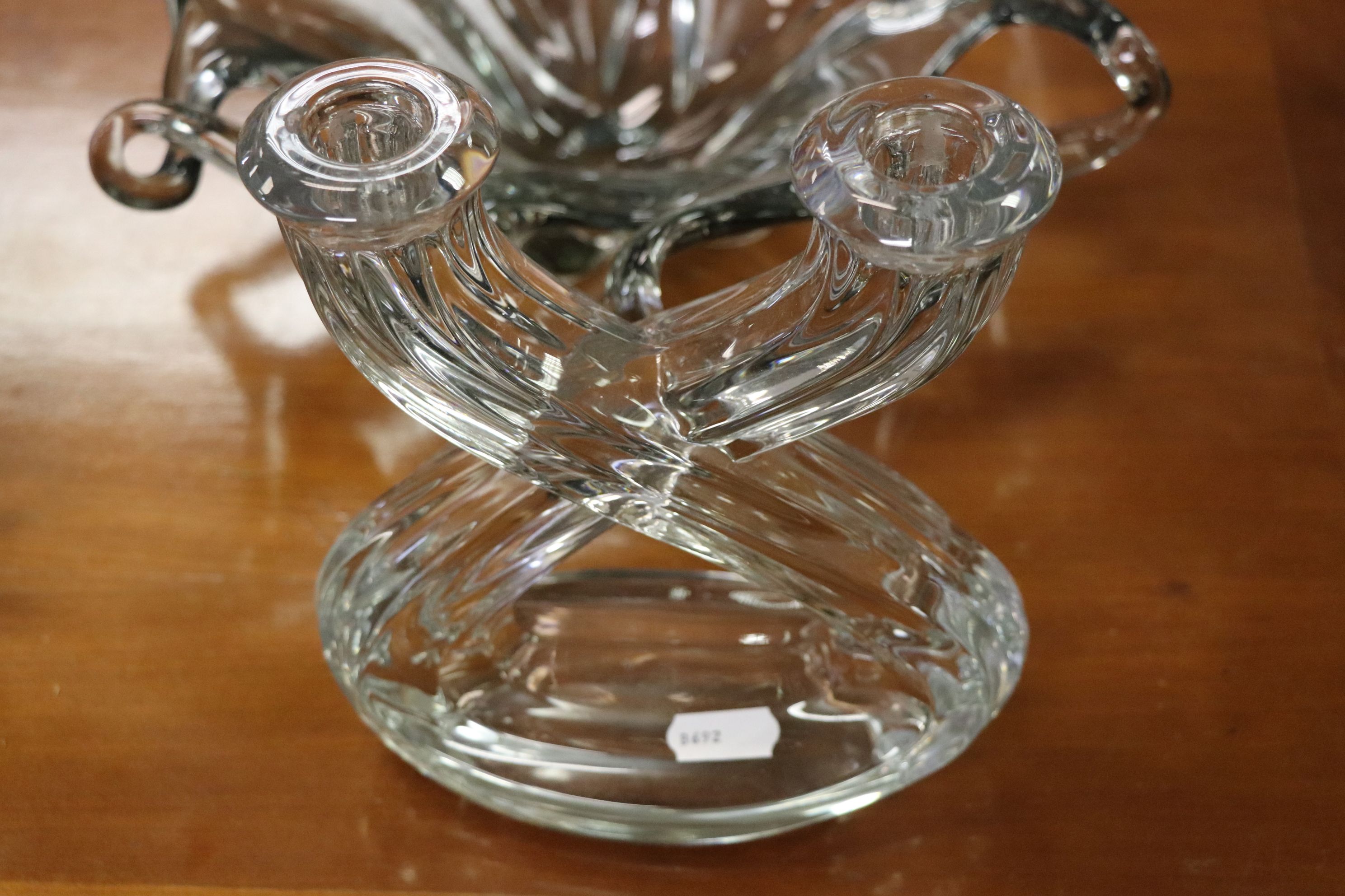 Two Art glass bowls of Naturalistic form and a French double candlestick with etched makers mark - Image 3 of 5