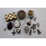 A small group of collectables to include an enamelled miniature white metal trinket pot and cover