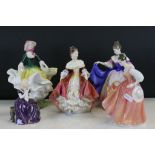 Five Royal Doulton ceramic figurines to include; Hn2835 Fair Lady, HN3308 Sara, HN2740 Becky, HN2235