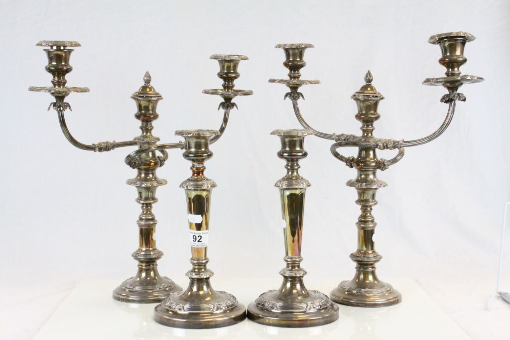 Pair vintage of Silver plated two branch Candelabra's and a matching pair of Candlesticks