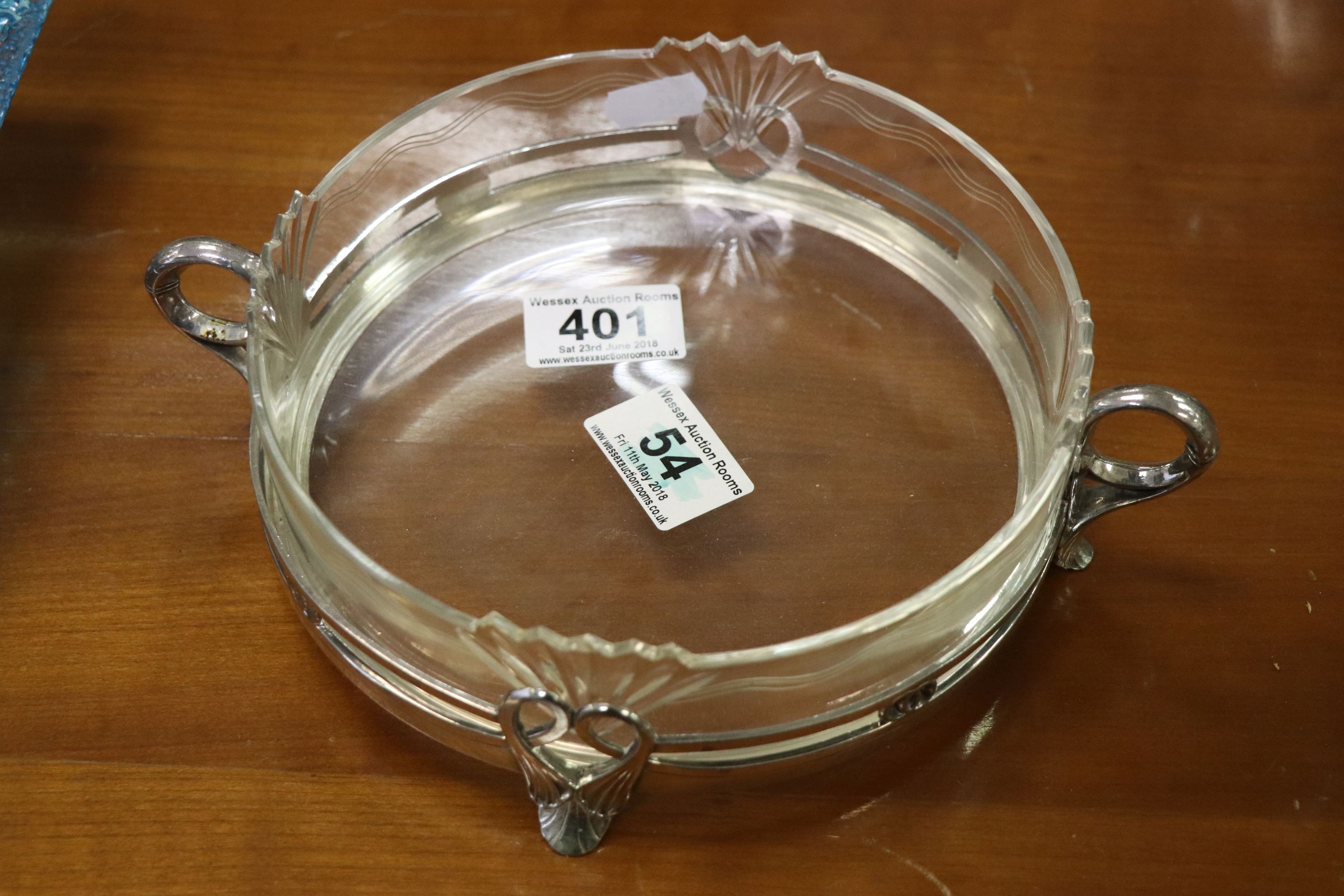 WMF twin handled silver plate and glass centrepiece, the cut glass bowl with four fan shaped panels,