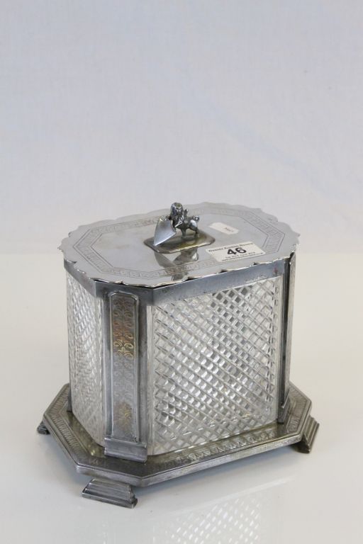 Vintage Silver plate and cut glass Biscuit barrel with Lion & shield finial to the hinged lid