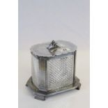 Vintage Silver plate and cut glass Biscuit barrel with Lion & shield finial to the hinged lid