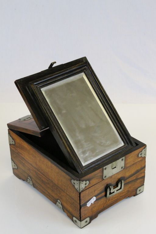 Oriental Wooden Box with Metal Fittings, internal drawer and fold open lid revealing a vanity - Image 2 of 4