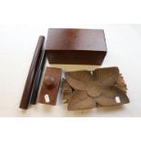 Two wooden rules, a wooden blotter, carved tray and a wooden box (5)