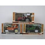 Three boxed Britains farm vehicles to include 9526 Deutz x 2 in red and green variants, 9528 Fiat