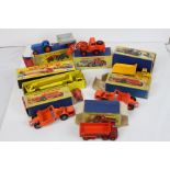 Seven boxed Matchbox Lesney K1 8 Wheel Tipper Truck, King Size 11 Fordson Tractor and Farm