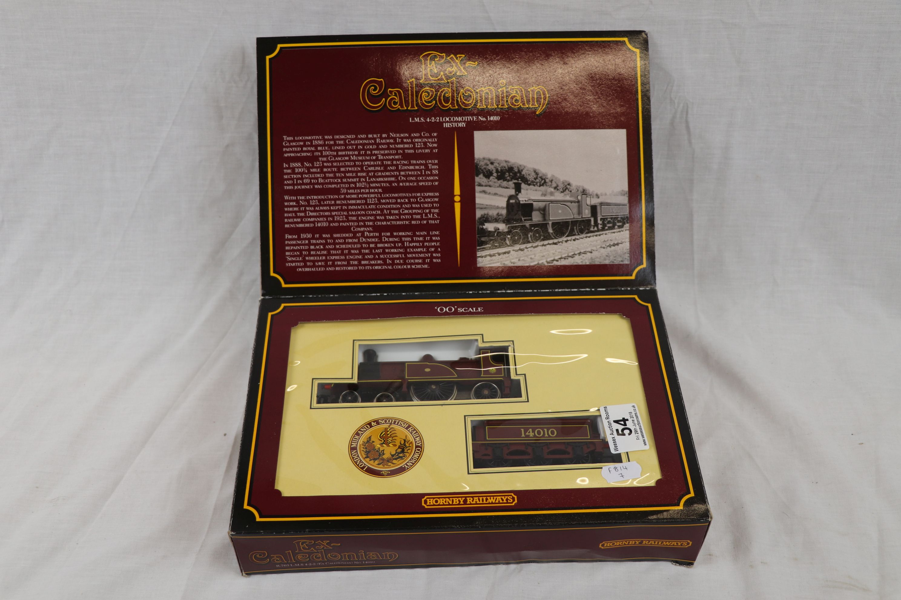 Boxed Hornby OO gauge R763 LMS 4-2-2 Ex-Caledonian No 14010, with paperwork, outer box showing - Image 2 of 3