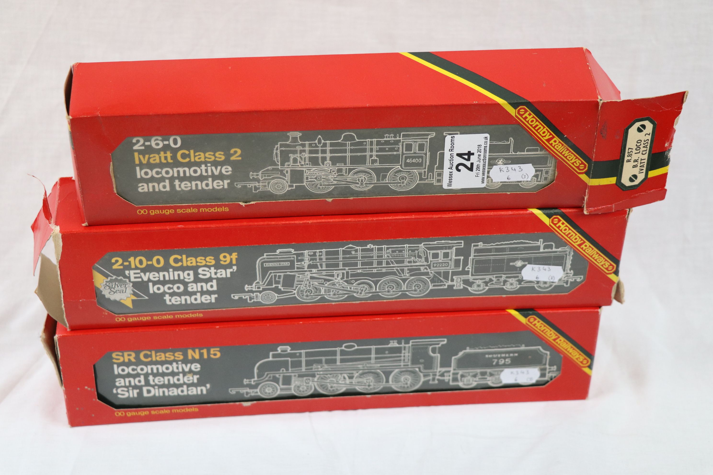 Three boxed Hornby OO gauge engines to include R857 BR Loco Ivatt Class 2, R154 SR Loco Sir