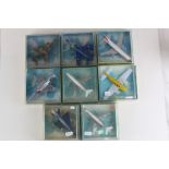 Eight cased Corgi Aircraft diecast models to include 1304 MIG-21 P.F, 1308 B.A.C. (or Sepecat)
