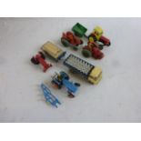 Group of vintage play worn diecast commercial and farming vehicles to include Corgi ERF Model 44G,