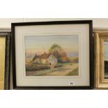 John Reginald Goodman Watercolour Country Scene with Cottages and Figures on Track