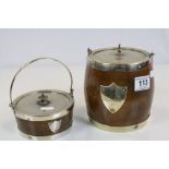 Oak Biscuit barrel & Butter dish, both with Silver plated Plaques, mounts and swing handles