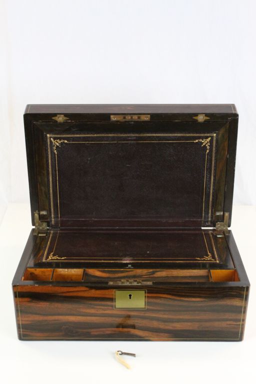 19th Century Exotic wood Writing Slope with Brass stringing and lock escutcheon & part fitted - Image 3 of 5