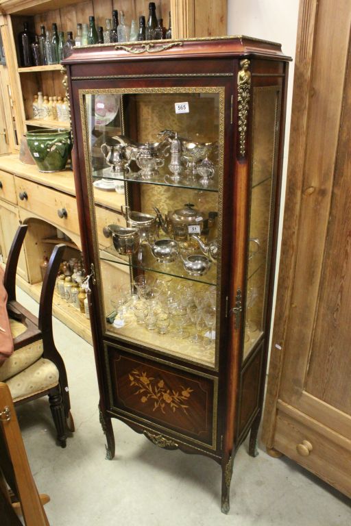 20th century French Display Cabinet with Brass Mounts, the bottom panel with Satinwood Floral Inlay