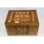 Scratch built large mixed wood work box with "God Is Love" motto to lid