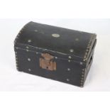 Doll sized fabric covered Wooden travel Trunk with metal lock and studding