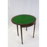 19th century Mahogany Demi-Lune Fold Out Card Table with green baize inset playing surface raised on