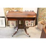 Regency Mahogany Fold-Over Card Table with Green Baise Inset Playing Surface raised on four turned