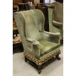 Carved Oak Framed & Green Upholstered High Wingback Armchair in the late 17th century Style,