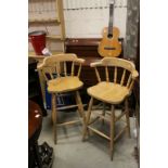 Pair of Beech Wood Bar Stools with Spindle Backs