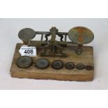 19th century ' S. Mordan & Co ' Brass Postal Scales with Five Weights on Oak Base