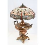 Twin handled Copper Samovar converted to a Lamp, with Large Tiffany style Glass shade featuring