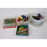 Three tubs of playworn toys to include cars, trucks and dolls and a tub of marbles (4)