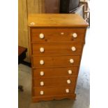 Pine Chest of Six Short Drawers, each drawer with two White Handles