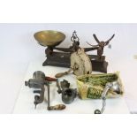 Three Vintage Mincers including a Spong, Spong Red Seal Rotary Knife Polisher and Set of Scales