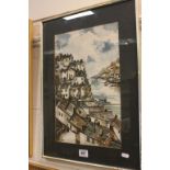 Linda Poggio, Watercolour Harbour Scene with Houses, signed