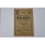 Speedway programme, High Beech v Reading 7th August 1938, results completed in pencil (1)