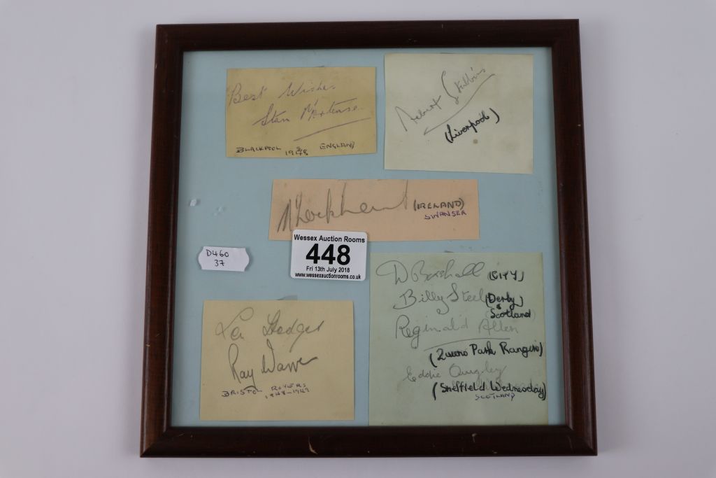 Football autographs, 9 signatures on album pages laid down to a single card, framed and glazed,