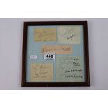 Football autographs, 9 signatures on album pages laid down to a single card, framed and glazed,