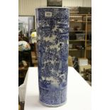 Large vintage blue & white Oriental ceramic umbrella stand with Figural decoration