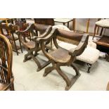 Pair of Gothic Revival X-Framed Carved Oak Framed Chairs with Leather Seat and Back Rail