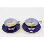 Pair of Aynsley cabinet cups and saucers with hand painted bowls depicting Sailing ships