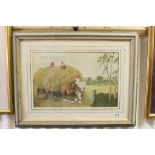 A Framed + Glazed watercolour of FarmFolk at HarvestTime with Horses + Haycart