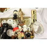 Box of Miscellaneous to include Cameras, 1950's Costume Dolls, China, Silver Plate, Lamp Shades,
