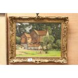 Gilt framed Oil on board of a Farmhouse scene, signed H Callen