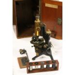 Large Mahogany cased Microscope by W Watson & Sons Ltd London, with spare Lenses, slides etc