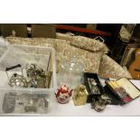 Box of mixed collectables to include a Brass tea caddy, Silver hand mirror, Silver plate, Glass