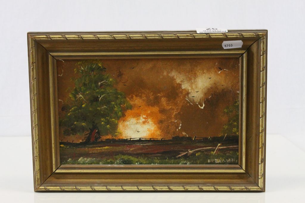 Small Gilt framed Oil on board of a Fire in Countryside