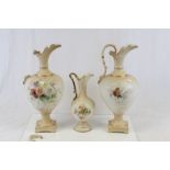 Three large vintage ceramic Ewers with hand painted Floral designs