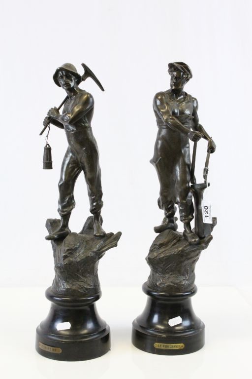 Pair of vintage french Spelter figures depicting a Miner and a Blacksmith