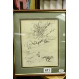 Framed and glazed Peter Biegel sketch of a running Fox