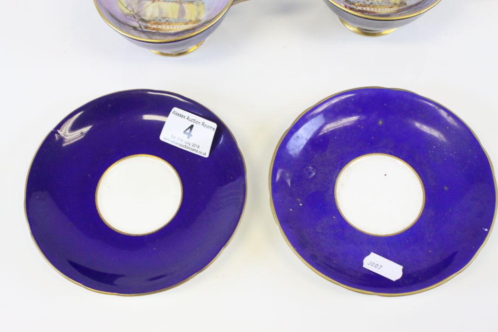 Pair of Aynsley cabinet cups and saucers with hand painted bowls depicting Sailing ships - Image 5 of 8